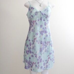 pale blue floral satin lace trim slip dress